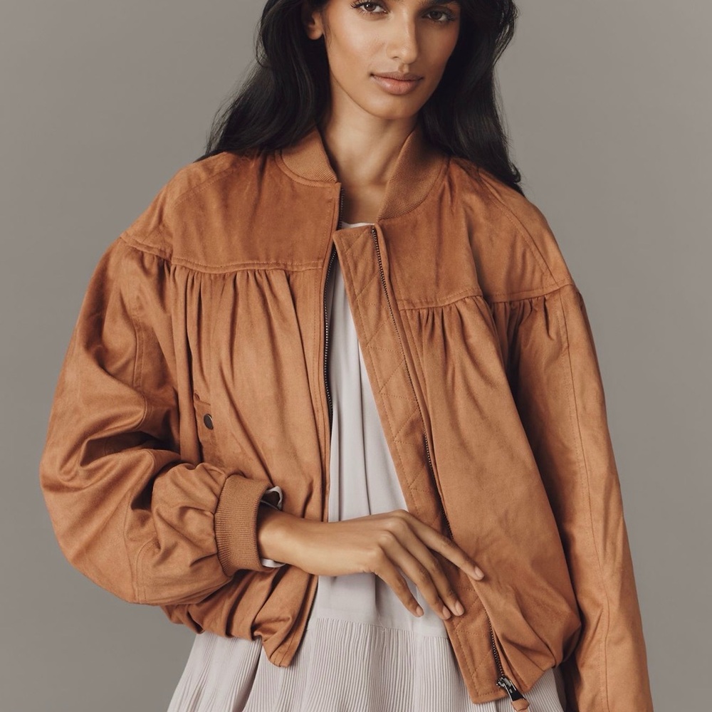 Anthropologie Faux-Suede Bubble Bomber Tan Bomber Jacket